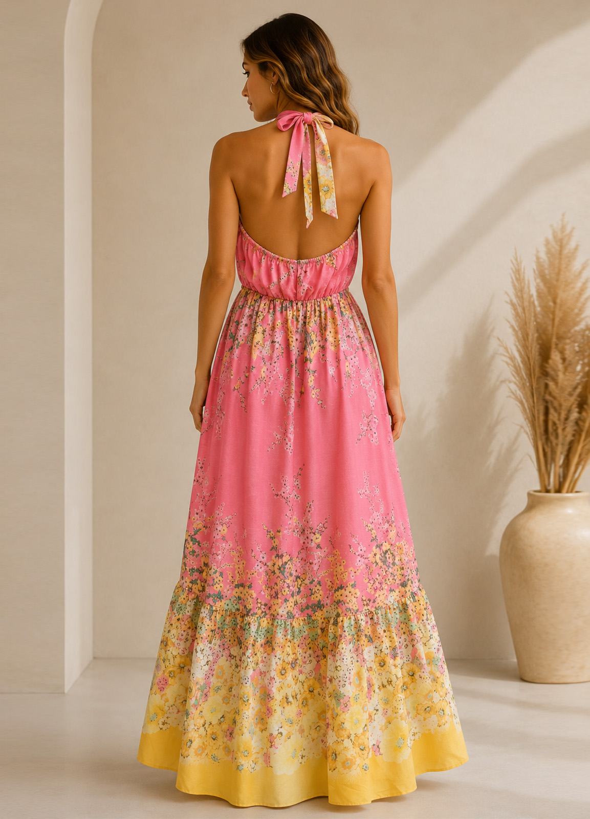 Floral Maxi Φόρεμα Halter με Ανοιχτή Πλάτη 