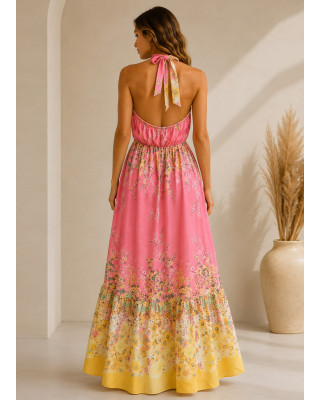Floral Maxi Φόρεμα Halter με Ανοιχτή Πλάτη 