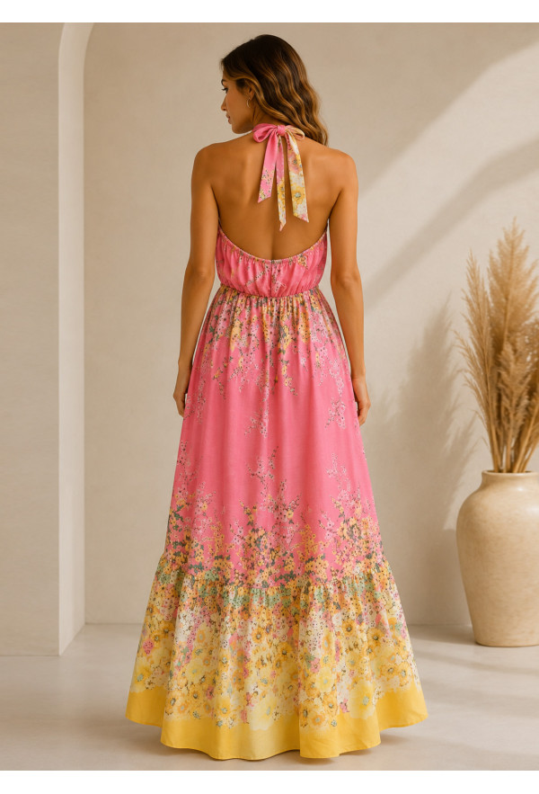 Floral Maxi Φόρεμα Halter με Ανοιχτή Πλάτη 