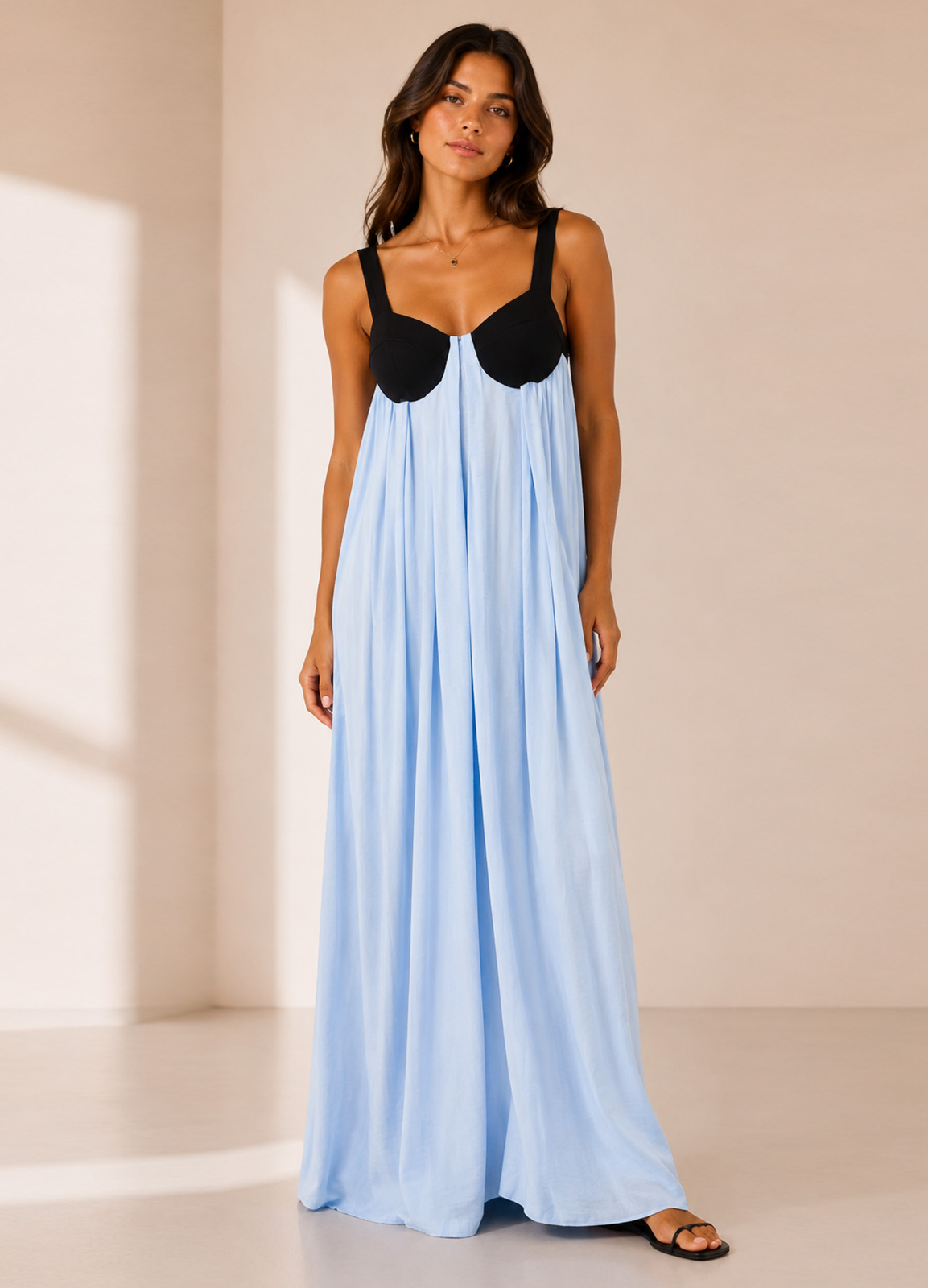 Maxi Φόρεμα Δίχρωμο με Ανοιχτή Πλάτη Light Blue