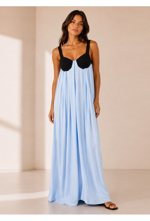Maxi Φόρεμα Δίχρωμο με Ανοιχτή Πλάτη Light Blue