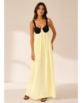 Maxi Φόρεμα Δίχρωμο με Ανοιχτή Πλάτη Yellow