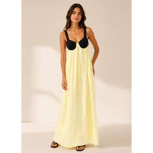 Maxi Φόρεμα Δίχρωμο με Ανοιχτή Πλάτη Yellow