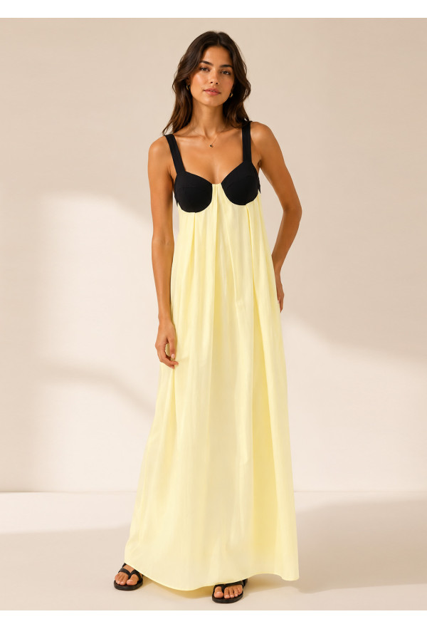 Maxi Φόρεμα Δίχρωμο με Ανοιχτή Πλάτη Yellow
