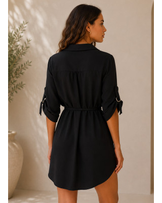 Mini Φόρεμα με V &  Μανίκια Τύπου Σαφάρι Black