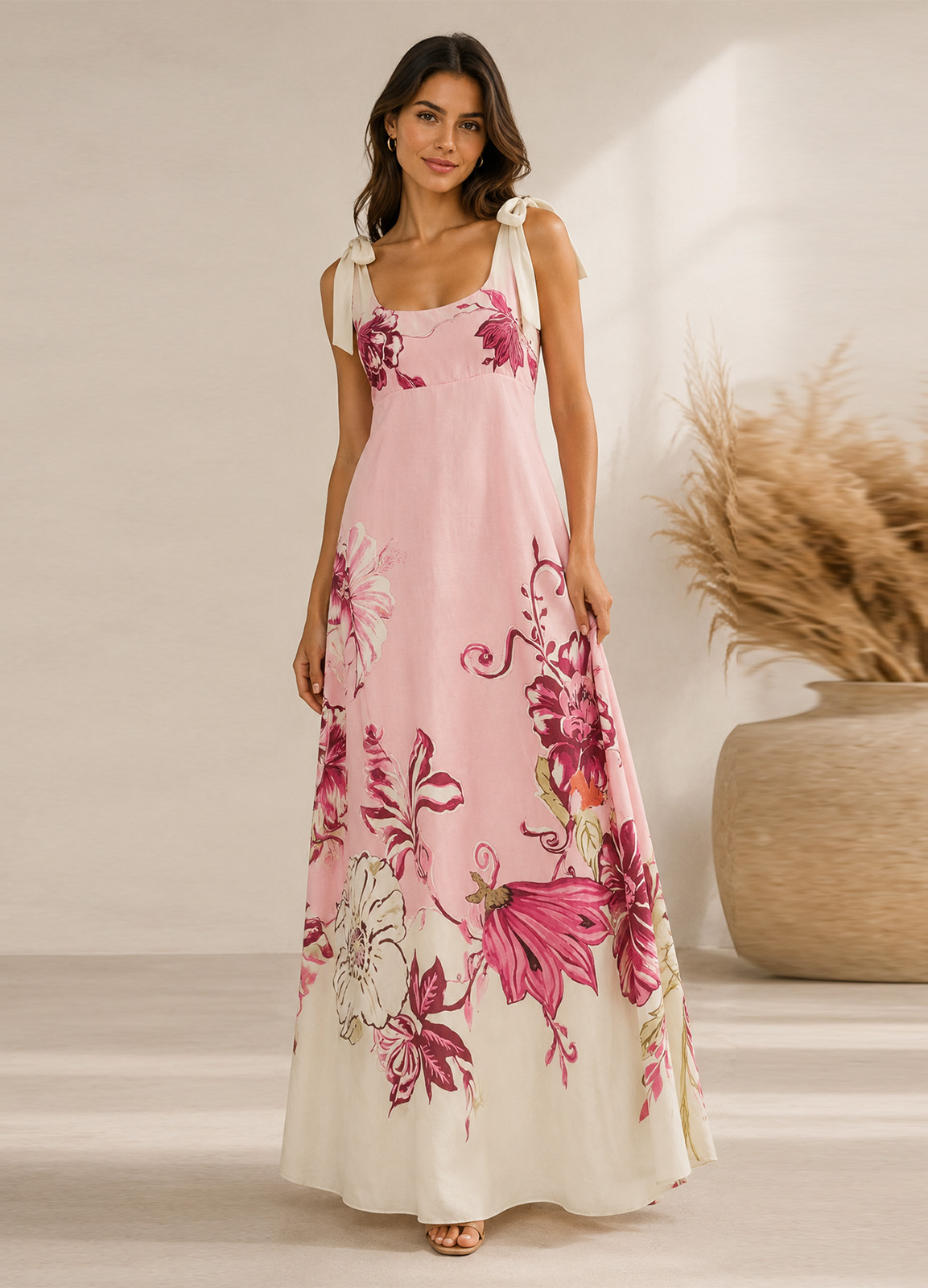 Maxi Φόρεμα Floral με Δέσιμο στους Ώμους Pink