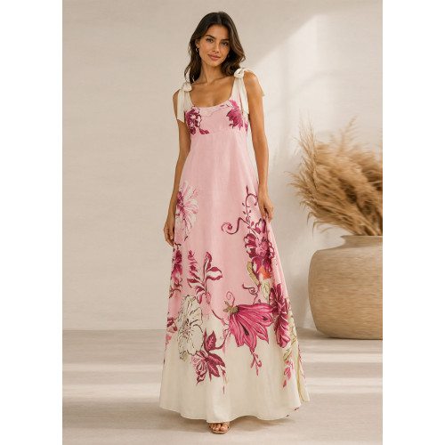 Maxi Φόρεμα Floral με Δέσιμο στους Ώμους Pink