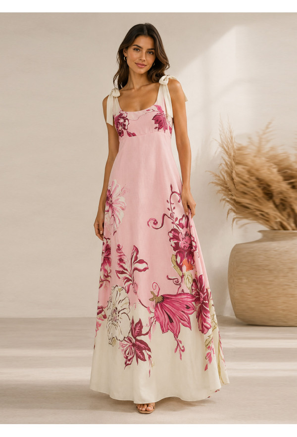 Maxi Φόρεμα Floral με Δέσιμο στους Ώμους Pink