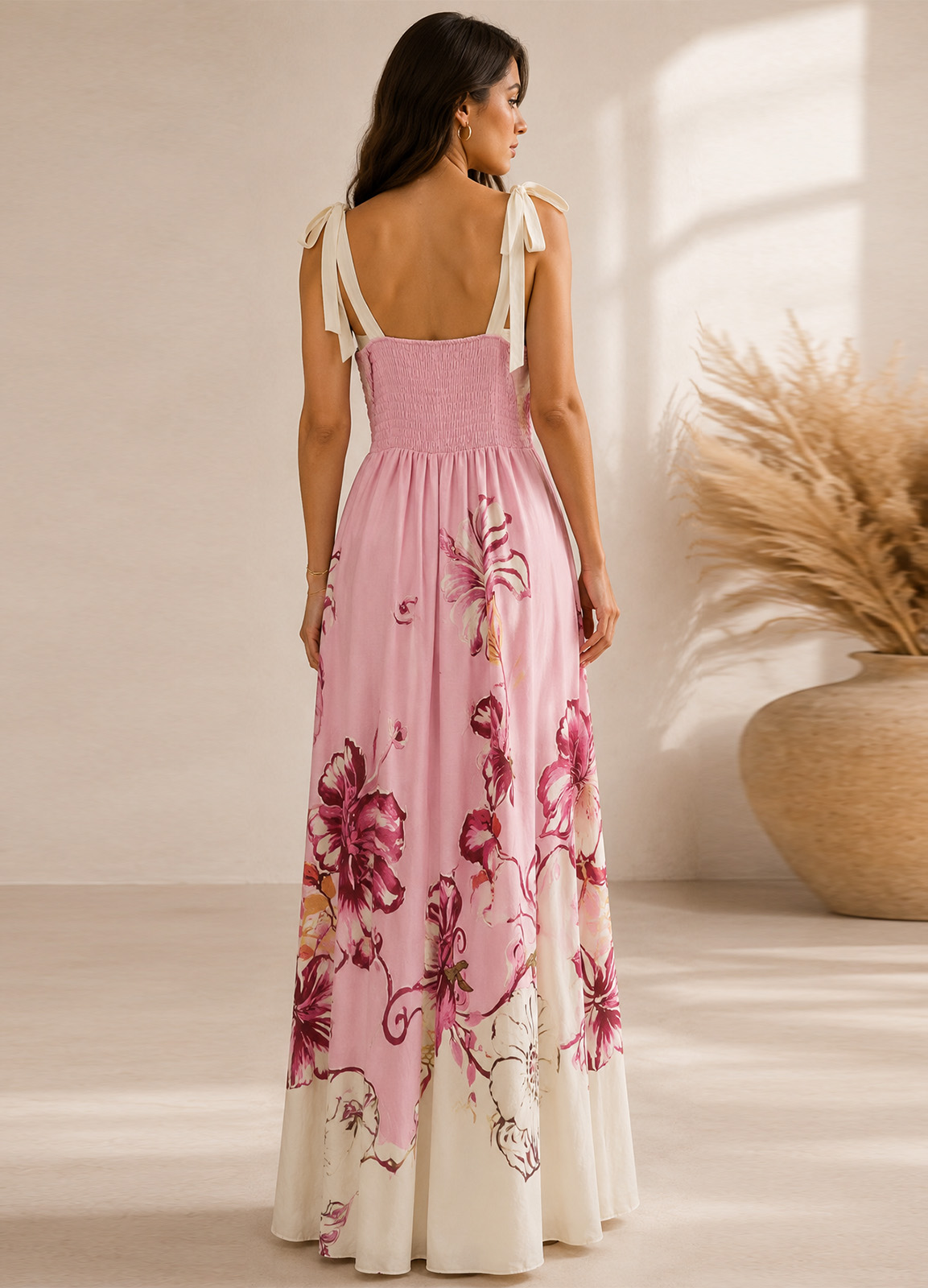 Maxi Φόρεμα Floral με Δέσιμο στους Ώμους Pink
