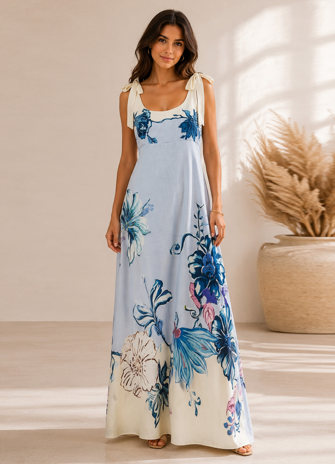 Maxi Φόρεμα Floral με Δέσιμο στους Ώμους Light blue
