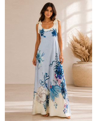 Maxi Φόρεμα Floral με Δέσιμο στους Ώμους Light blue