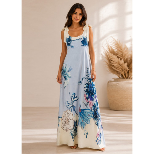 Maxi Φόρεμα Floral με Δέσιμο στους Ώμους Light blue