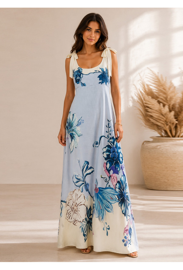 Maxi Φόρεμα Floral με Δέσιμο στους Ώμους Light blue