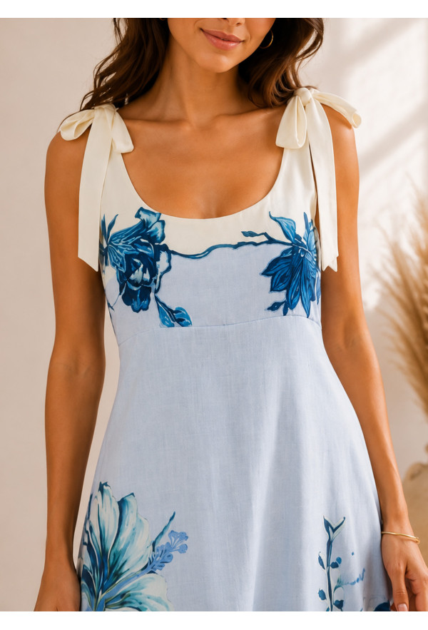 Maxi Φόρεμα Floral με Δέσιμο στους Ώμους Light blue