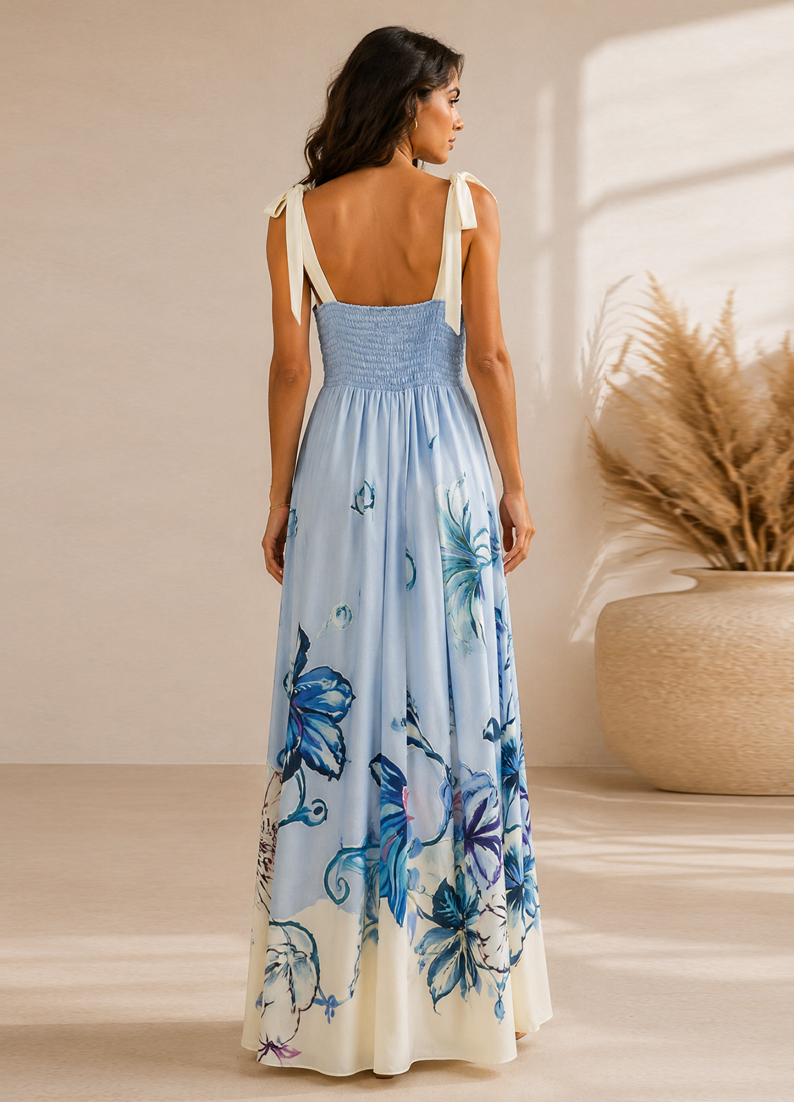 Maxi Φόρεμα Floral με Δέσιμο στους Ώμους Light blue