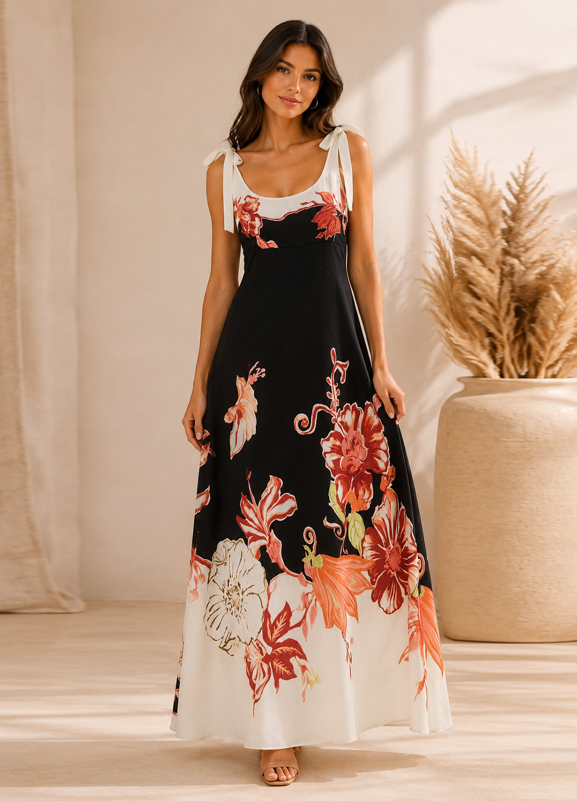 Maxi Φόρεμα Floral με Δέσιμο στους Ώμους Black