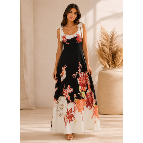 Maxi Φόρεμα Floral με Δέσιμο στους Ώμους Black