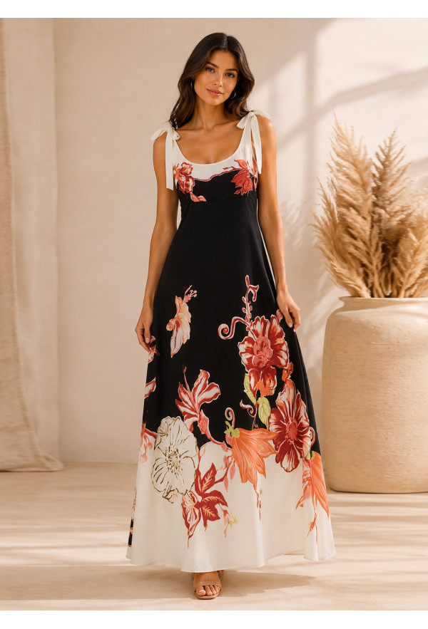 Maxi Φόρεμα Floral με Δέσιμο στους Ώμους Black