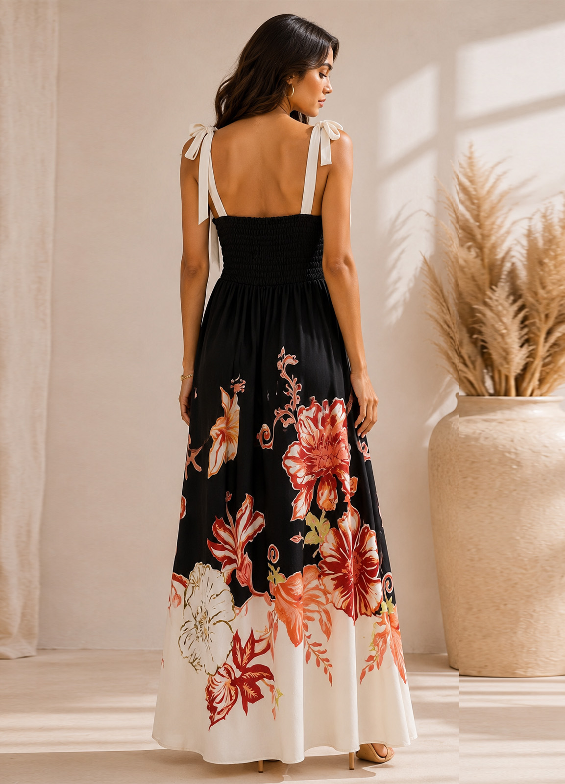 Maxi Φόρεμα Floral με Δέσιμο στους Ώμους Black
