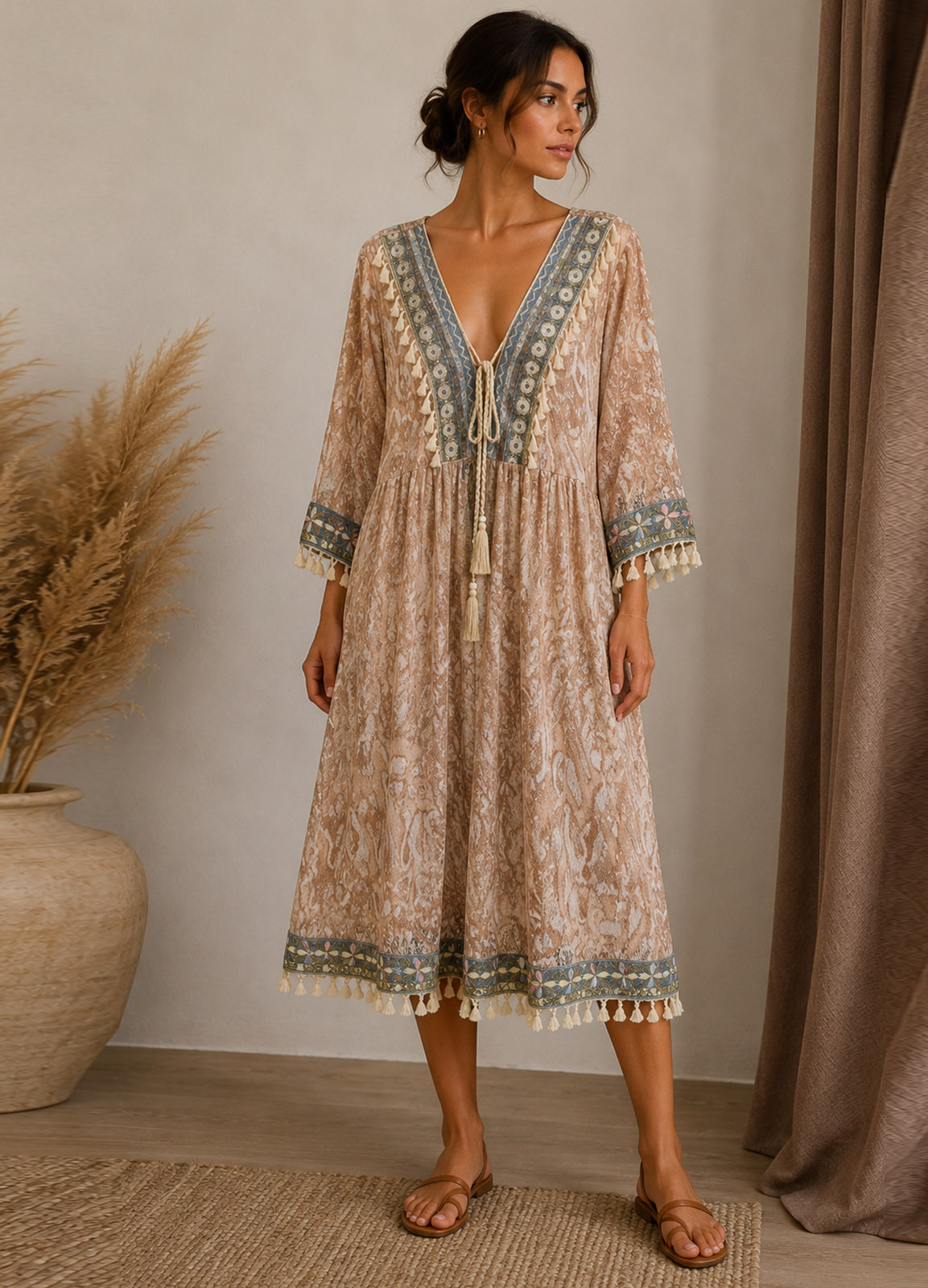 Oversized Midi Φόρεμα Boho με Δαντέλα & Κεντητές Λεπτομέρειες