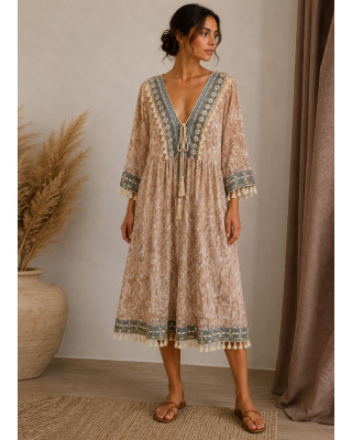 Oversized Midi Φόρεμα Boho με Δαντέλα & Κεντητές Λεπτομέρειες