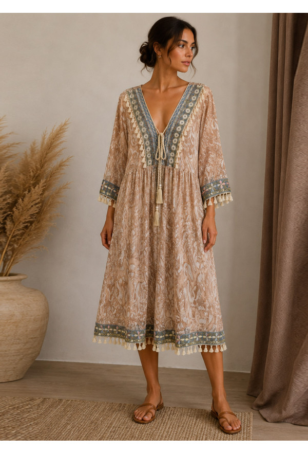 Oversized Midi Φόρεμα Boho με Δαντέλα & Κεντητές Λεπτομέρειες