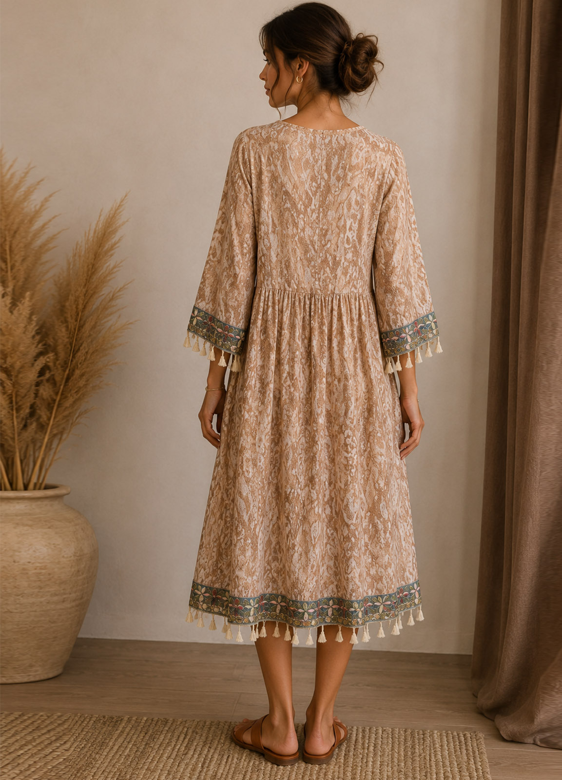 Oversized Midi Φόρεμα Boho με Δαντέλα & Κεντητές Λεπτομέρειες