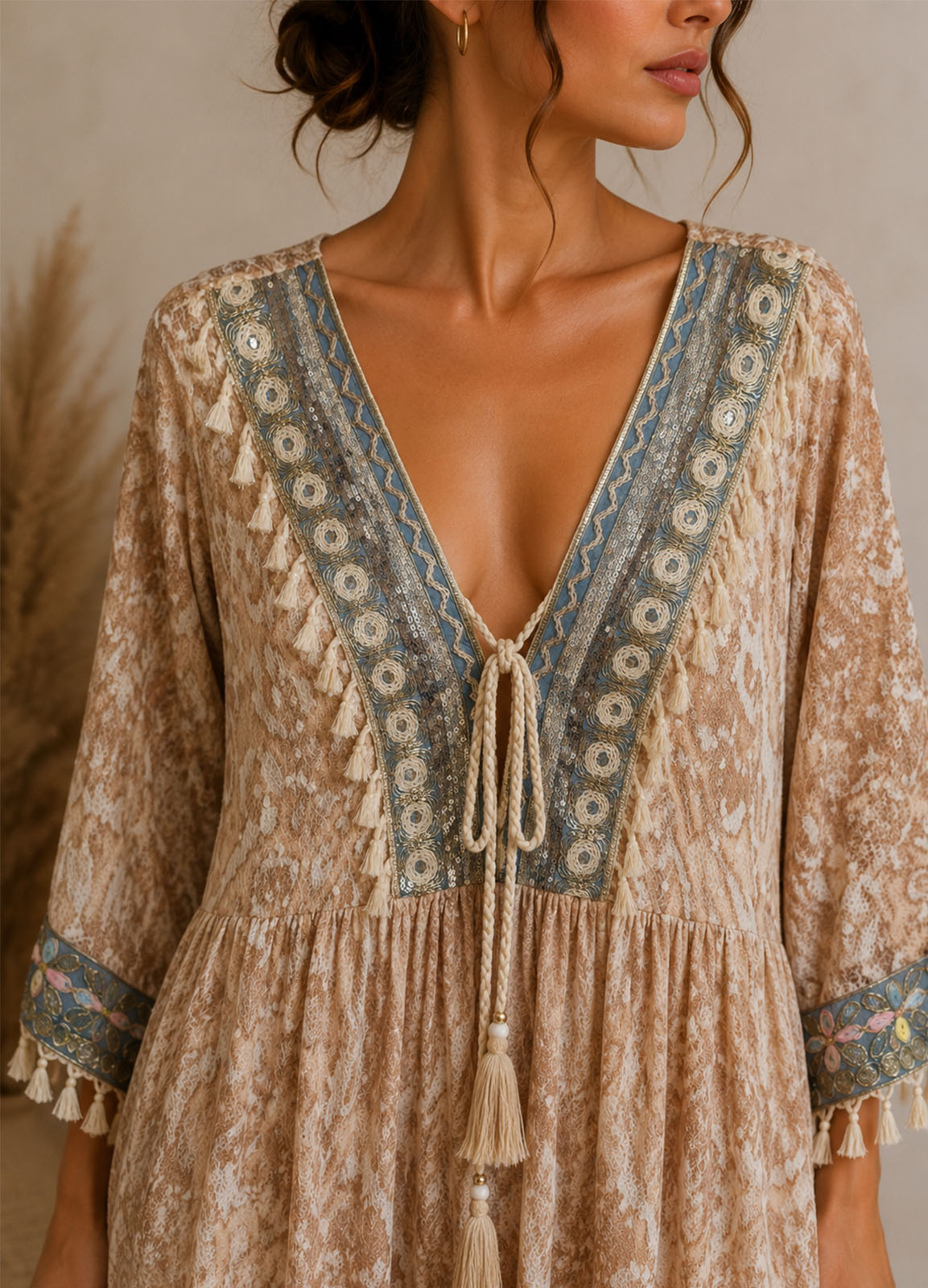 Oversized Midi Φόρεμα Boho με Δαντέλα & Κεντητές Λεπτομέρειες