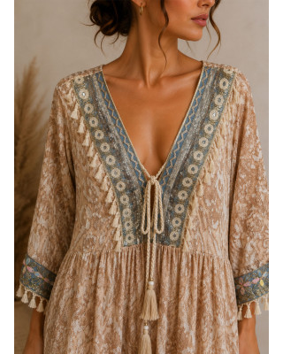 Oversized Midi Φόρεμα Boho με Δαντέλα & Κεντητές Λεπτομέρειες