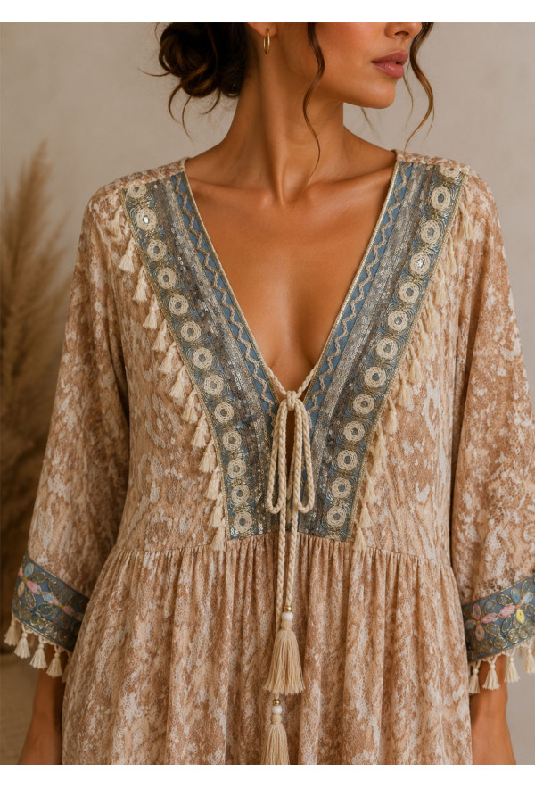 Oversized Midi Φόρεμα Boho με Δαντέλα & Κεντητές Λεπτομέρειες
