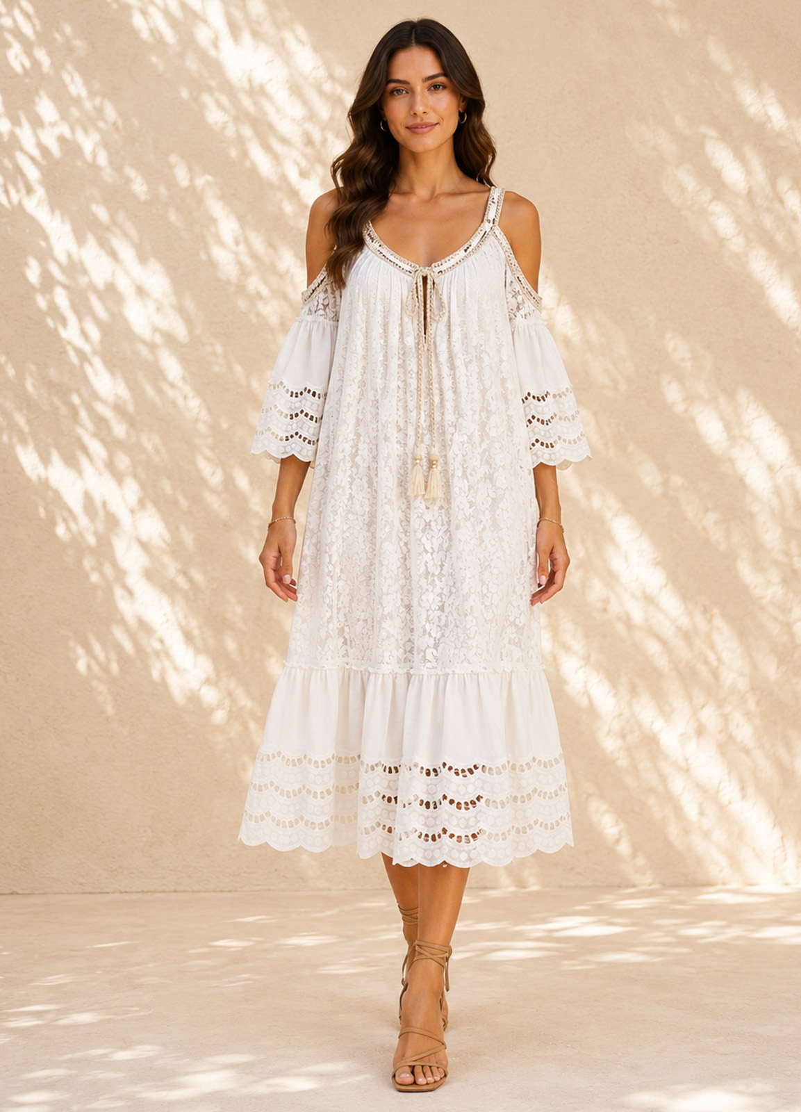Boho Midi Φόρεμα Off-Shoulder με Πλεκτές Τιράντες & Δαντέλα