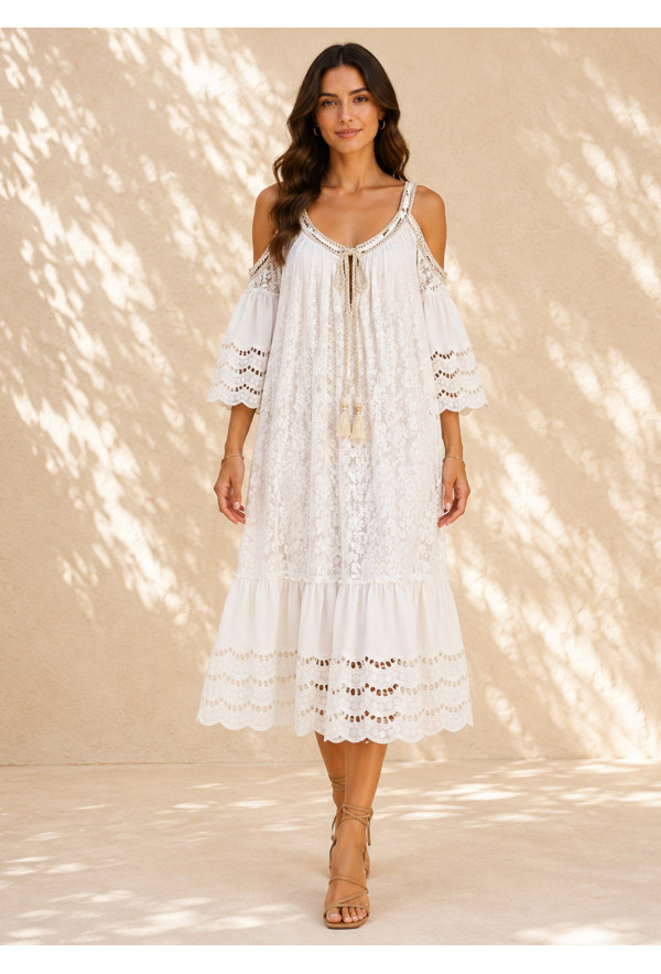 Boho Midi Φόρεμα Off-Shoulder με Πλεκτές Τιράντες & Δαντέλα