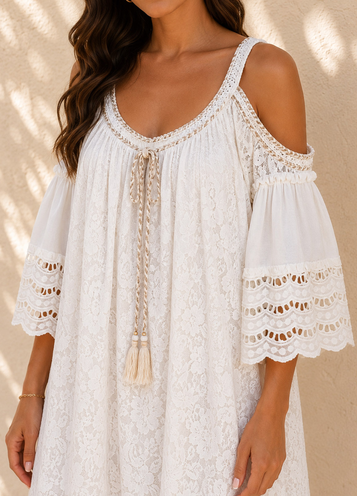 Boho Midi Φόρεμα Off-Shoulder με Πλεκτές Τιράντες & Δαντέλα