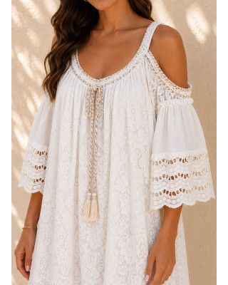 Boho Midi Φόρεμα Off-Shoulder με Πλεκτές Τιράντες & Δαντέλα