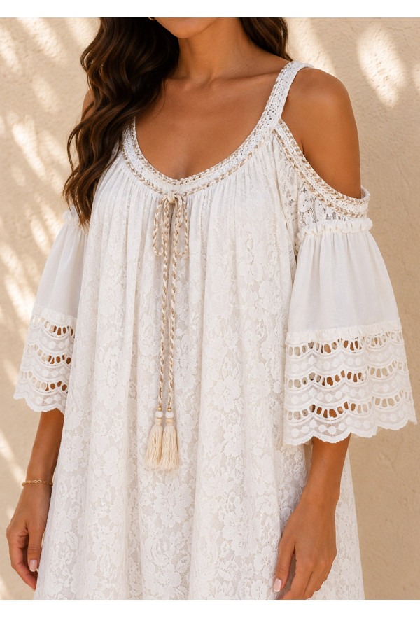Boho Midi Φόρεμα Off-Shoulder με Πλεκτές Τιράντες & Δαντέλα