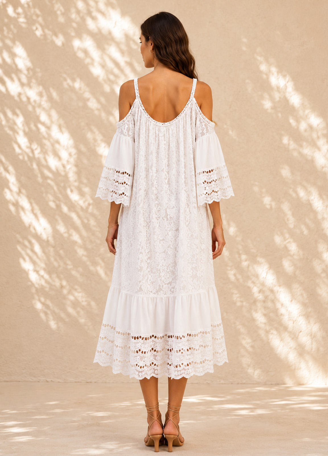 Boho Midi Φόρεμα Off-Shoulder με Πλεκτές Τιράντες & Δαντέλα