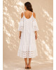 Boho Midi Φόρεμα Off-Shoulder με Πλεκτές Τιράντες & Δαντέλα