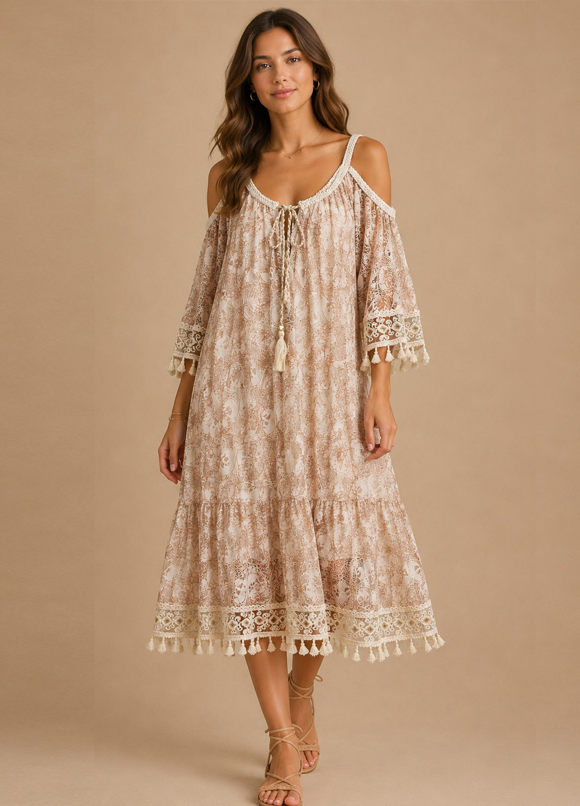 Boho Midi Φόρεμα Off-Shoulder με Πλεκτές Τιράντες & Δαντέλα