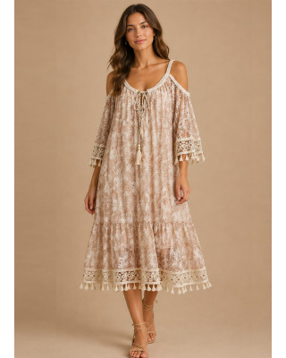 Boho Midi Φόρεμα Off-Shoulder με Πλεκτές Τιράντες & Δαντέλα