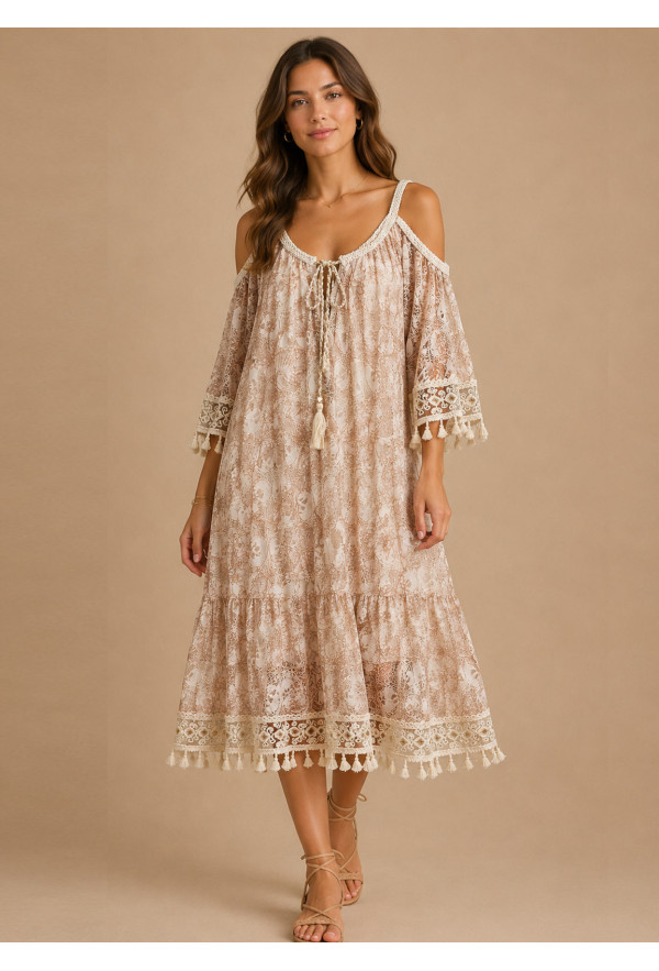 Boho Midi Φόρεμα Off-Shoulder με Πλεκτές Τιράντες & Δαντέλα