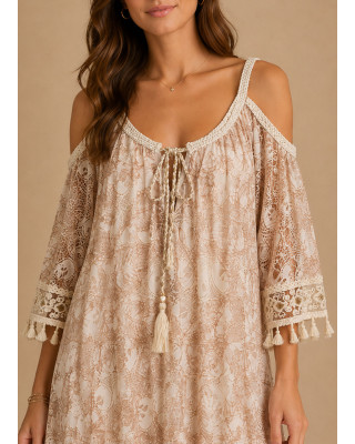 Boho Midi Φόρεμα Off-Shoulder με Πλεκτές Τιράντες & Δαντέλα
