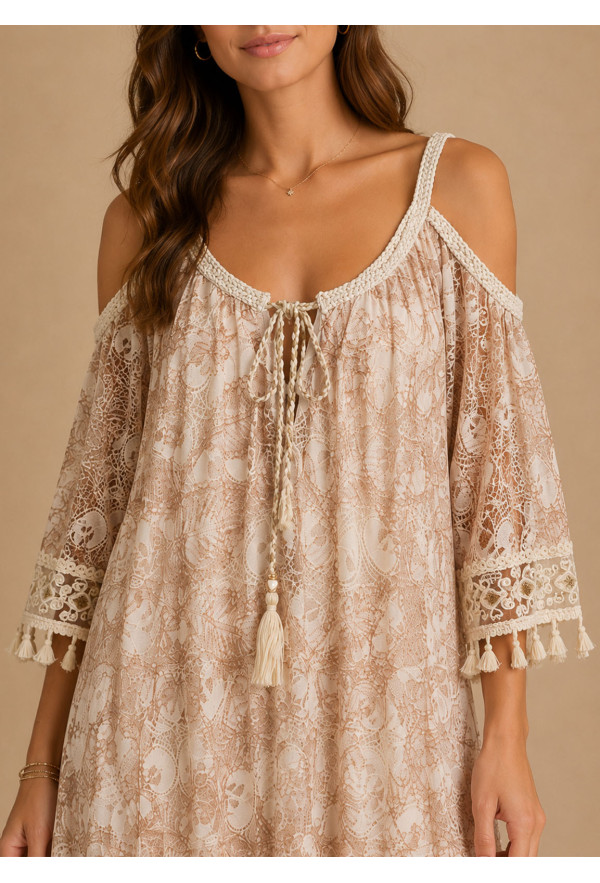 Boho Midi Φόρεμα Off-Shoulder με Πλεκτές Τιράντες & Δαντέλα