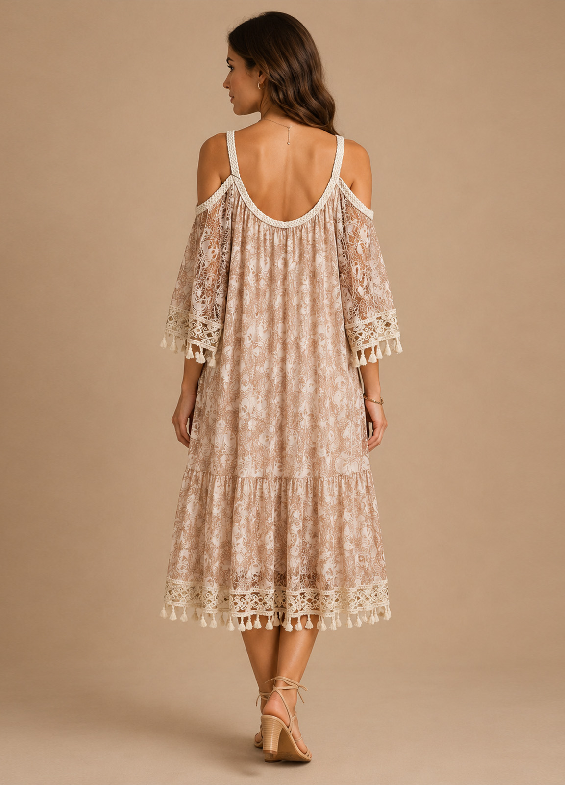 Boho Midi Φόρεμα Off-Shoulder με Πλεκτές Τιράντες & Δαντέλα