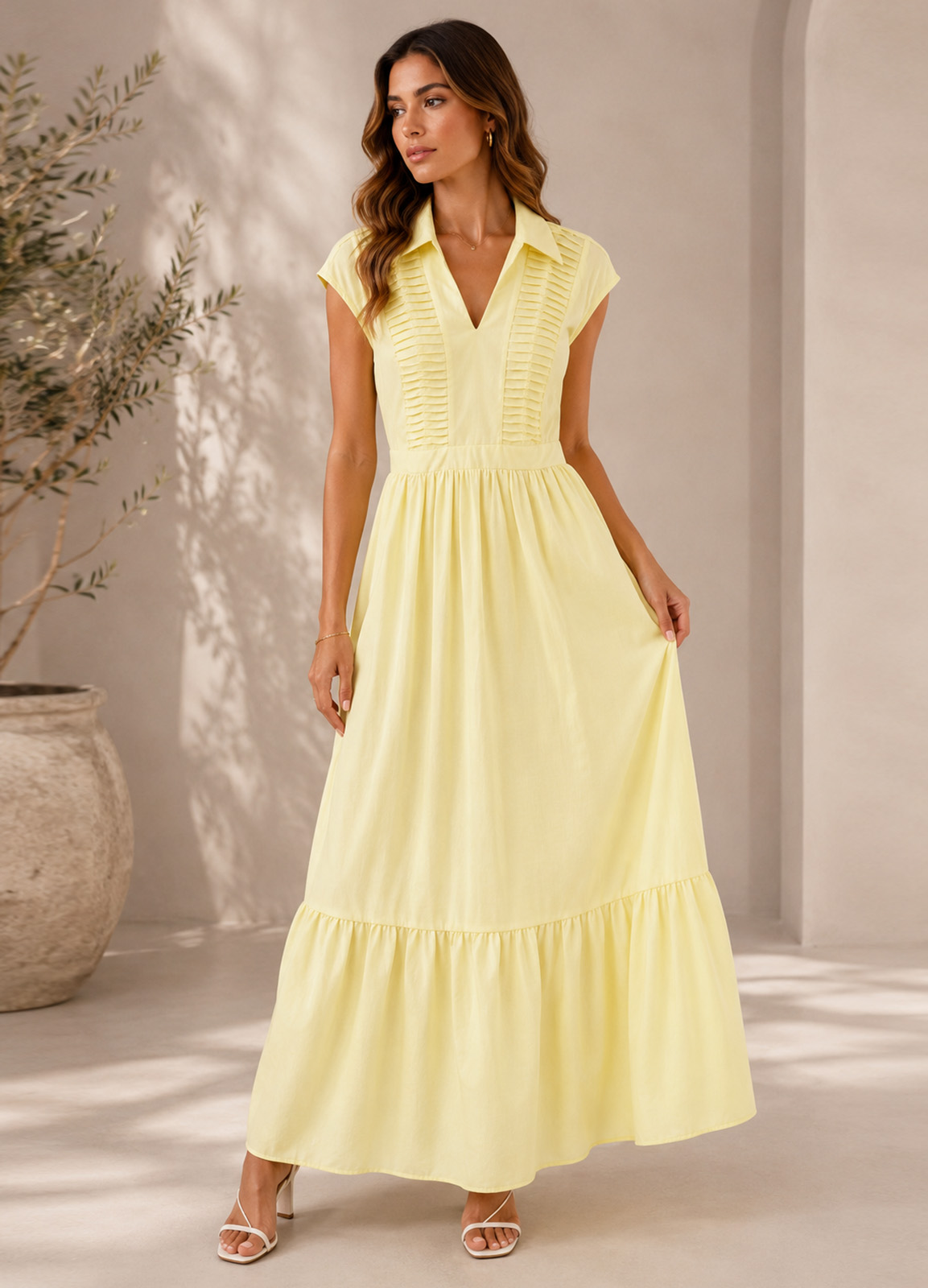 Maxi Φόρεμα με Γιακά Yellow