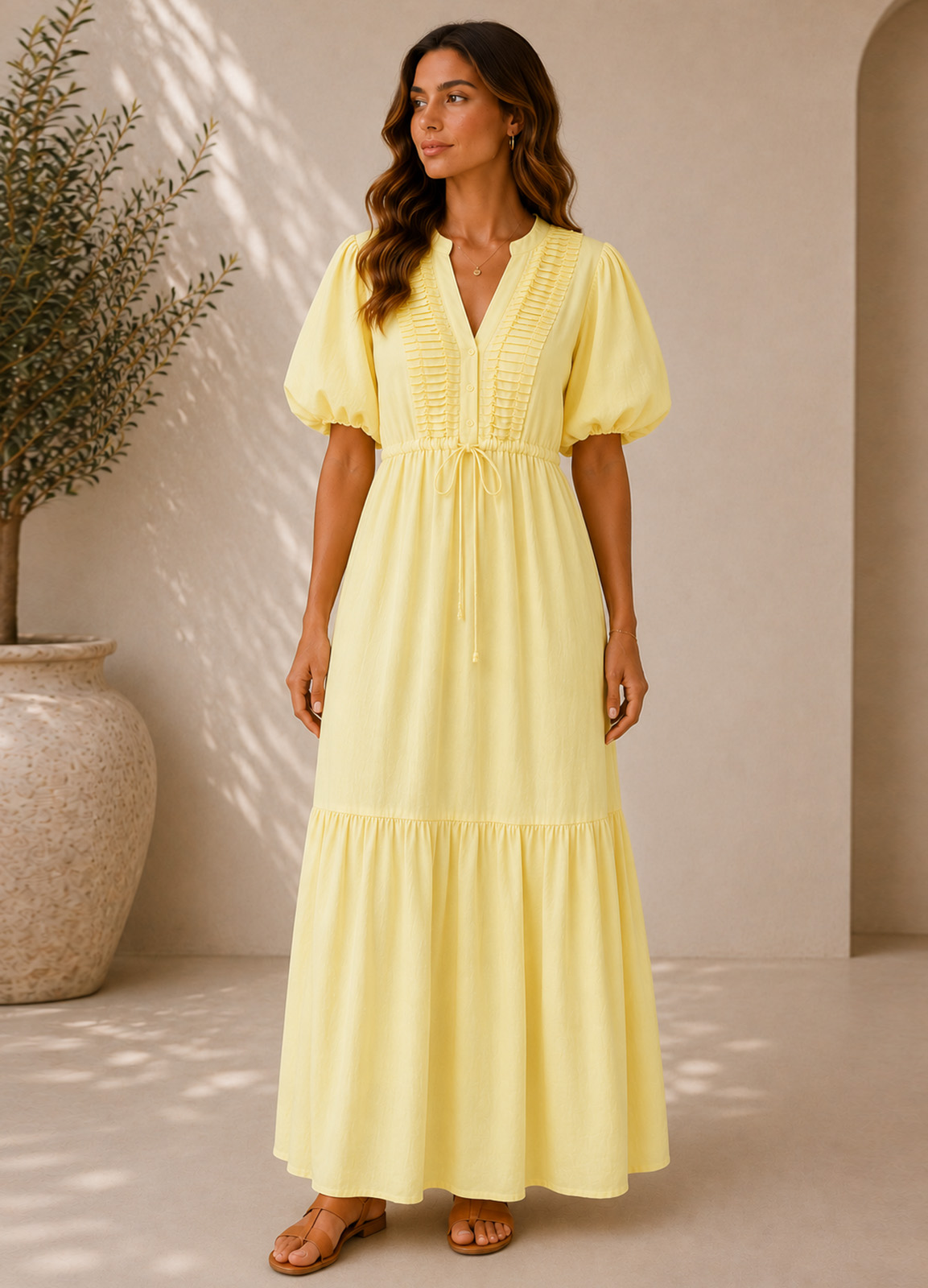 Maxi Φόρεμα με Πιέτες & Balloon Μανίκια Yellow