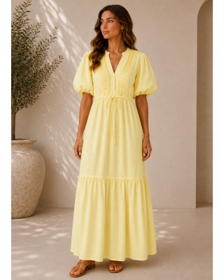 Maxi Φόρεμα με Πιέτες & Balloon Μανίκια Yellow