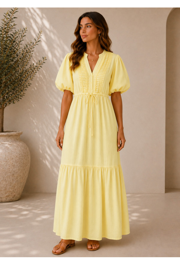 Maxi Φόρεμα με Πιέτες & Balloon Μανίκια Yellow