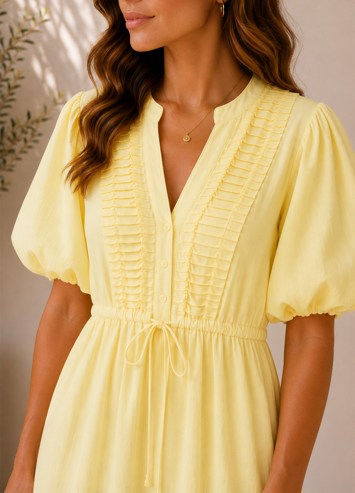 Maxi Φόρεμα με Πιέτες & Balloon Μανίκια Yellow