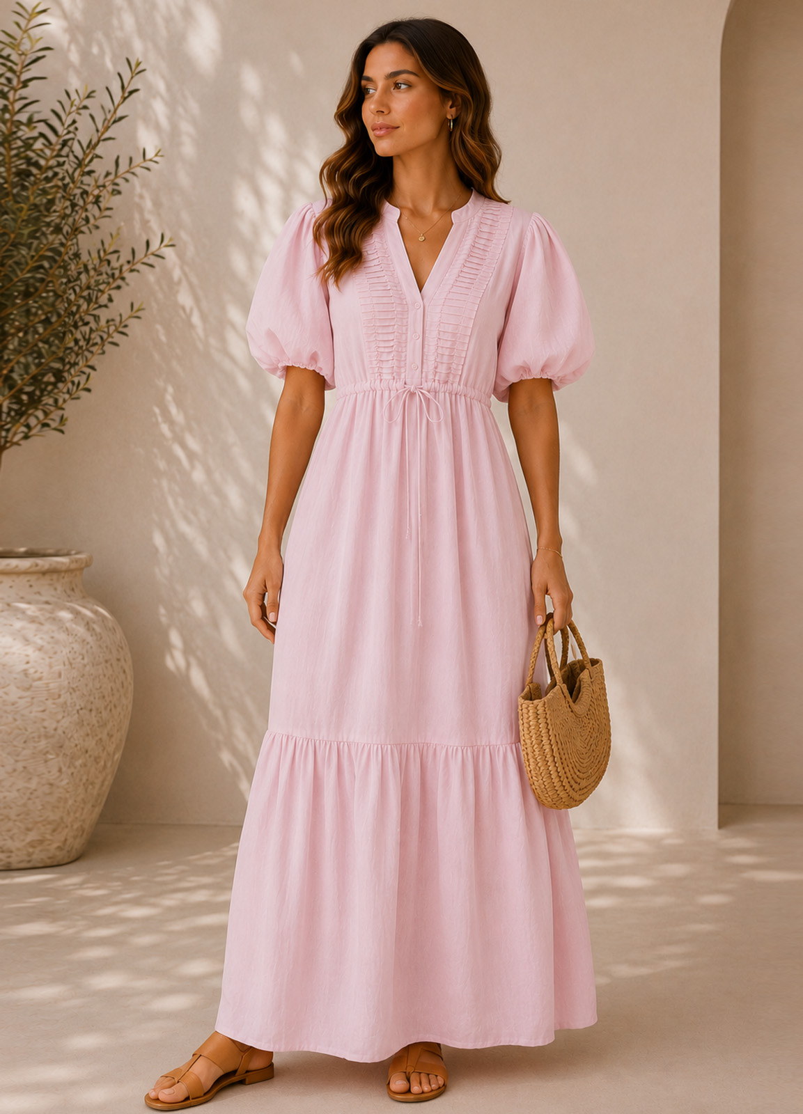 Maxi Φόρεμα με Πιέτες & Balloon Μανίκια Pink