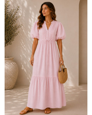 Maxi Φόρεμα με Πιέτες & Balloon Μανίκια Pink